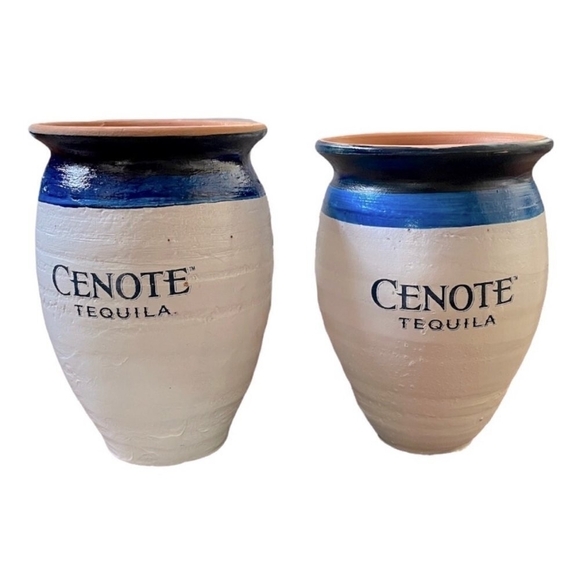 Set of 2 CENOTE TEQUILA Mexico Cantarito Jarrito Clay Pottery Cups Glasses - Picture 2 of 4